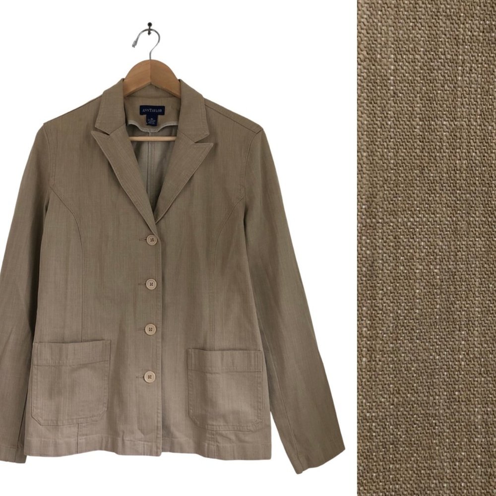 Vintage Womens Blazer Tan Cotton 1980s Ann Taylor Button Jacket Size Medium